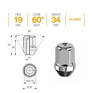Гайка M12x1.25 L34 H19 Zn конус Ellis N19ACN34C